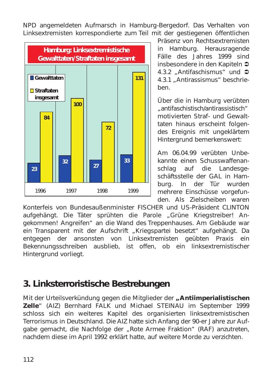 Seite 112 des Verfassungsschutzbericht 1999 Hamburg