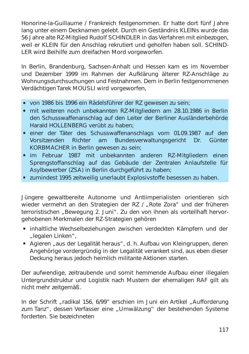 Seite 117 des Verfassungsschutzbericht 1999 Hamburg