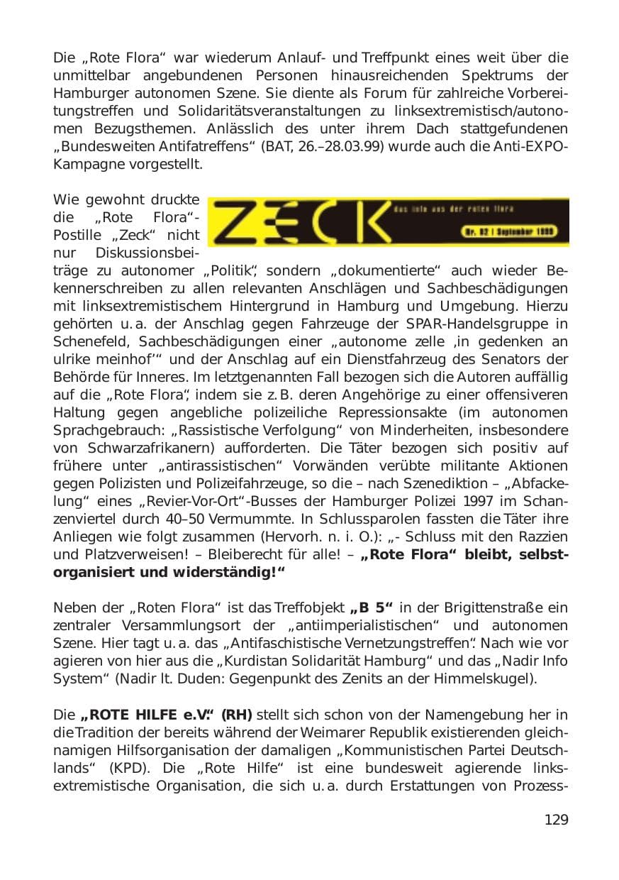 Seite 129 des Verfassungsschutzbericht 1999 Hamburg