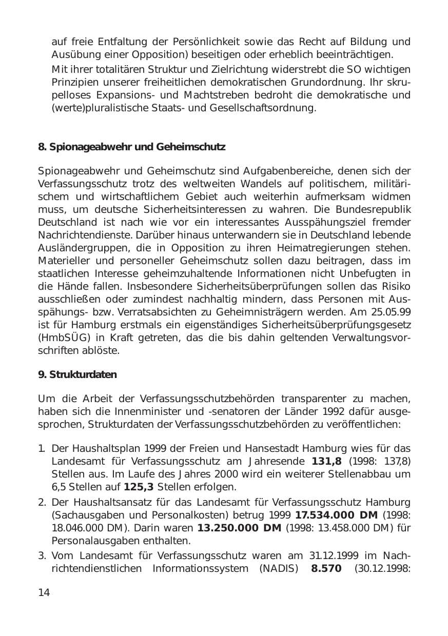 Seite 14 des Verfassungsschutzbericht 1999 Hamburg
