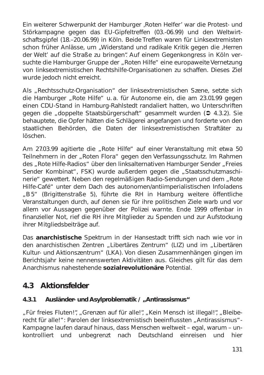 Seite 131 des Verfassungsschutzbericht 1999 Hamburg