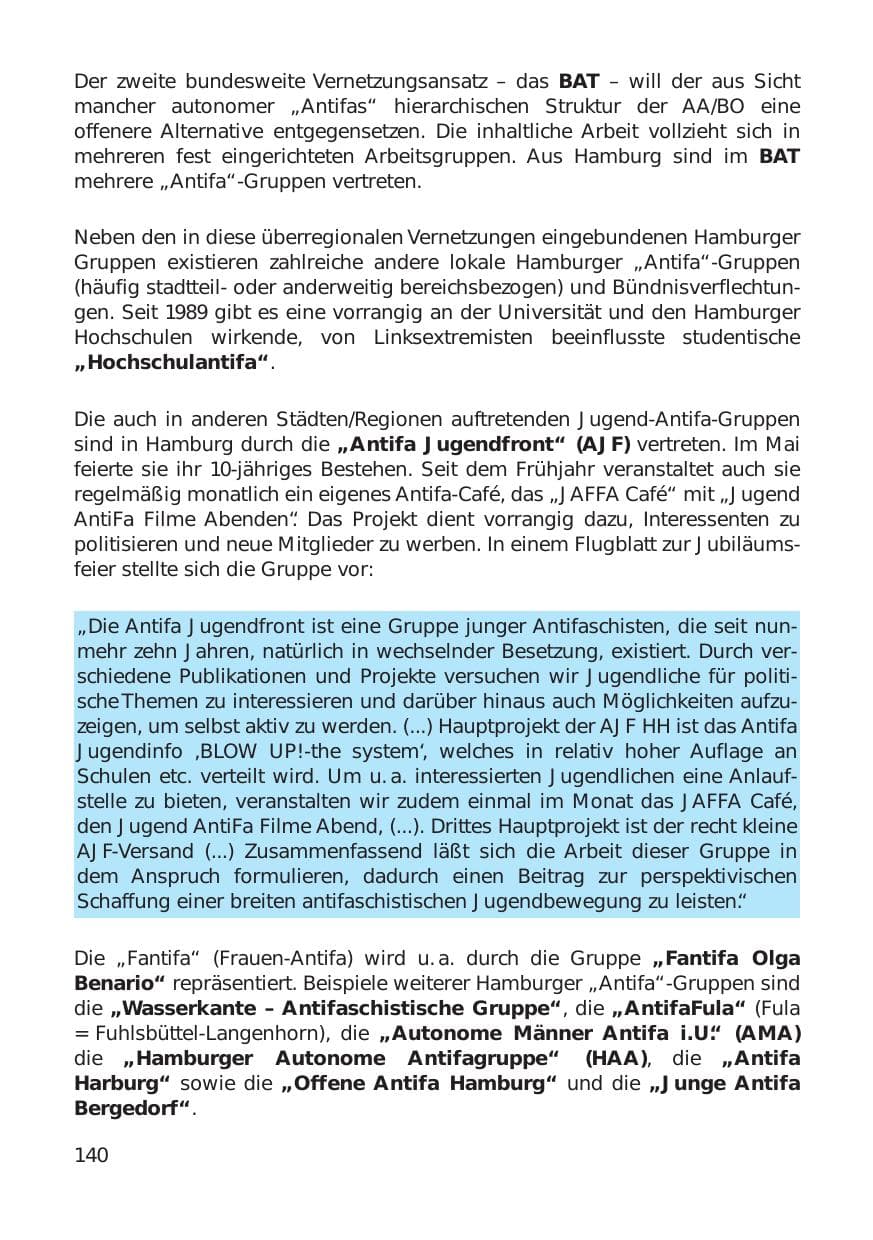 Seite 140 des Verfassungsschutzbericht 1999 Hamburg