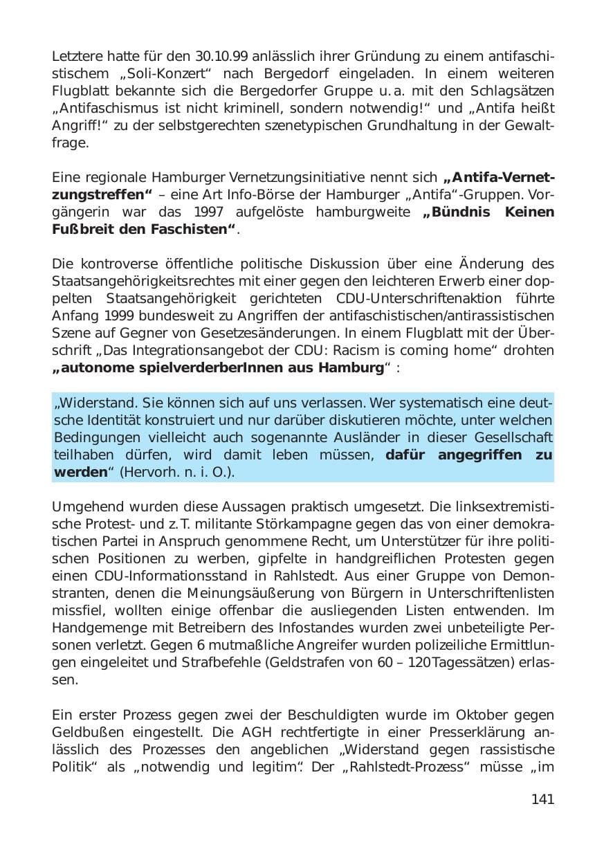 Seite 141 des Verfassungsschutzbericht 1999 Hamburg