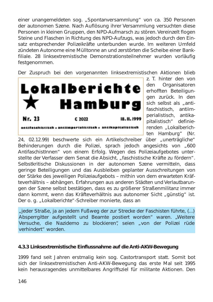 Seite 146 des Verfassungsschutzbericht 1999 Hamburg