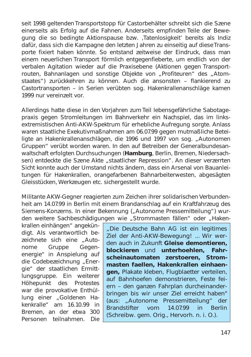 Seite 147 des Verfassungsschutzbericht 1999 Hamburg