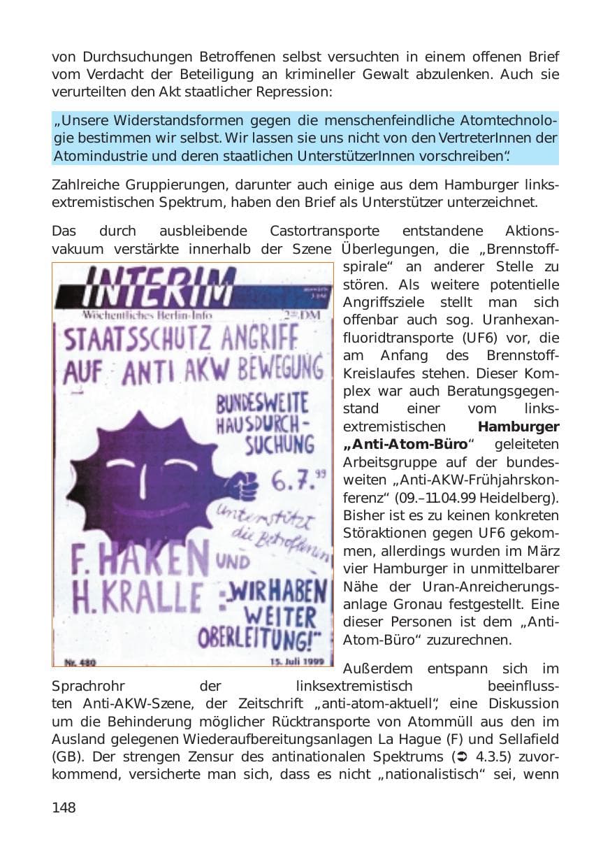 Seite 148 des Verfassungsschutzbericht 1999 Hamburg
