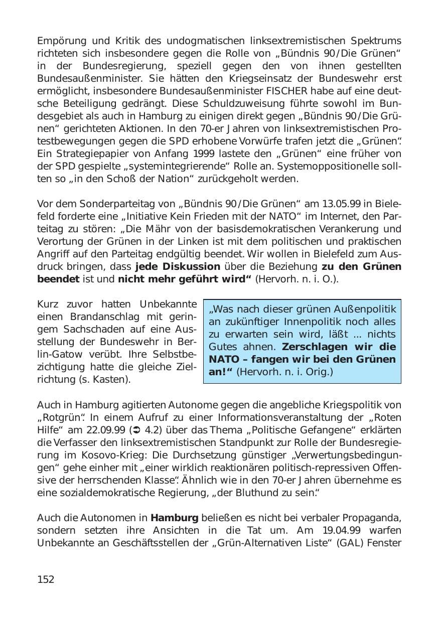 Seite 152 des Verfassungsschutzbericht 1999 Hamburg