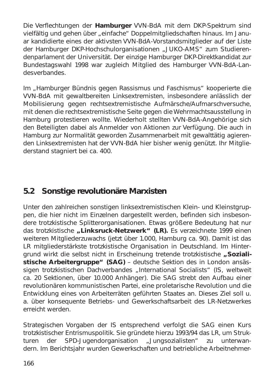 Seite 166 des Verfassungsschutzbericht 1999 Hamburg