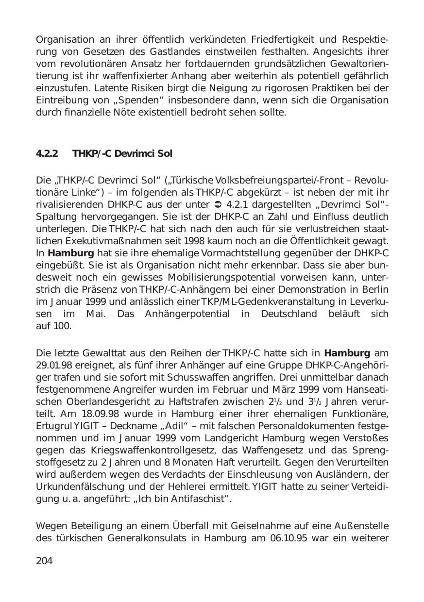 Seite 204 des Verfassungsschutzbericht 1999 Hamburg