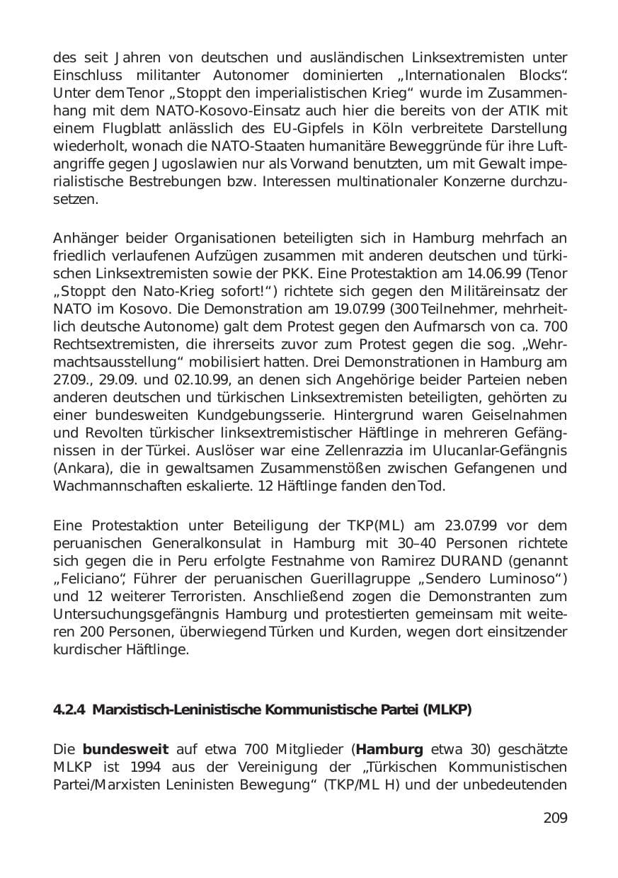 Seite 209 des Verfassungsschutzbericht 1999 Hamburg