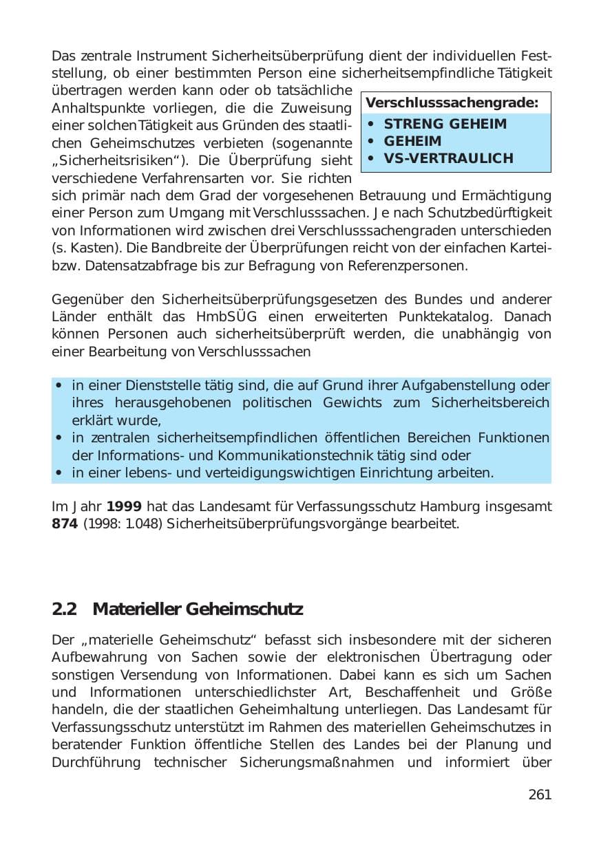 Seite 261 des Verfassungsschutzbericht 1999 Hamburg