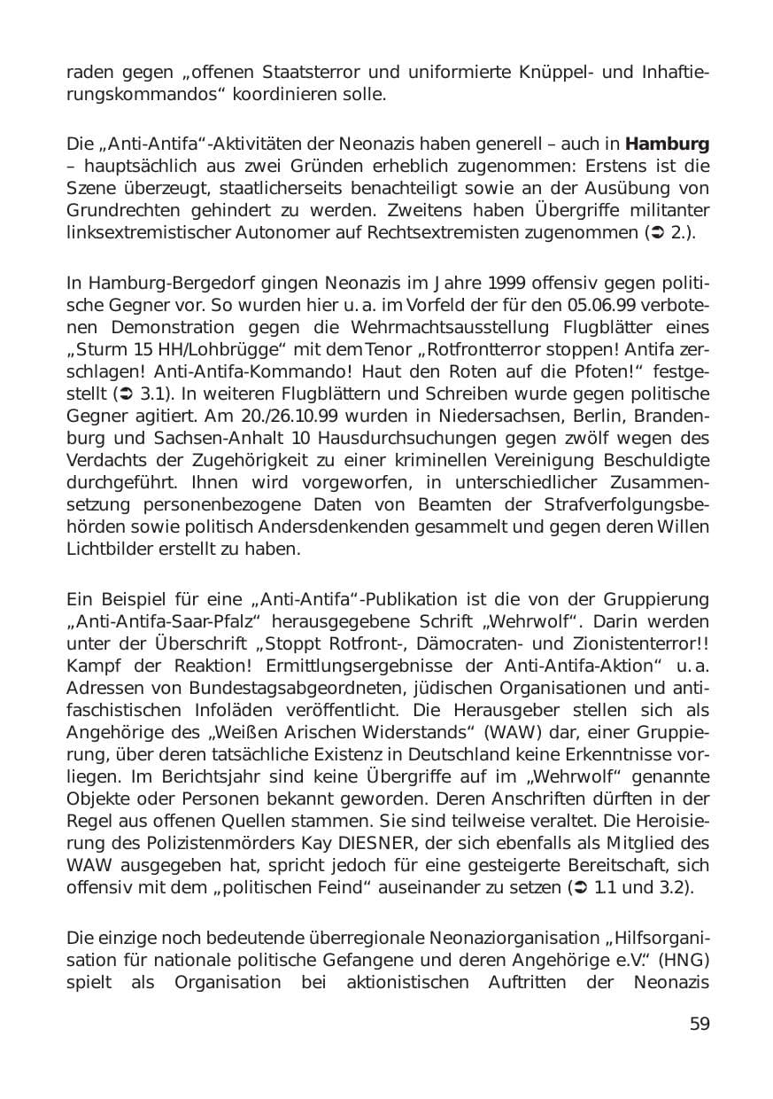 Seite 59 des Verfassungsschutzbericht 1999 Hamburg