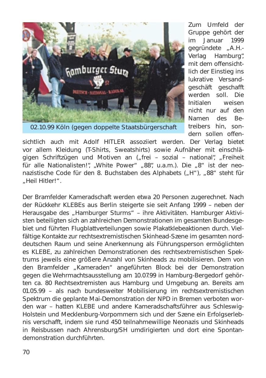 Seite 70 des Verfassungsschutzbericht 1999 Hamburg
