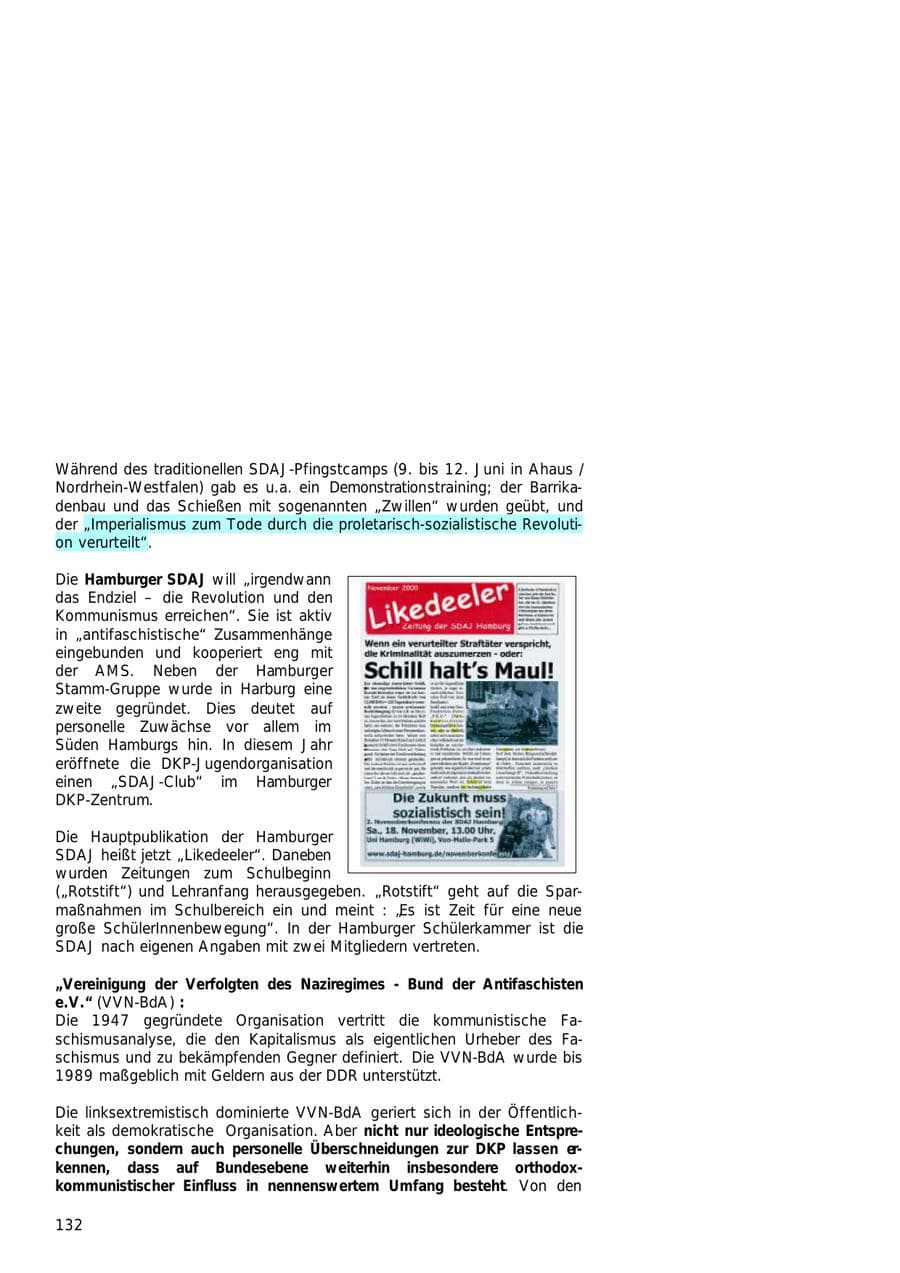 Seite 132 des Verfassungsschutzbericht 2000 Hamburg