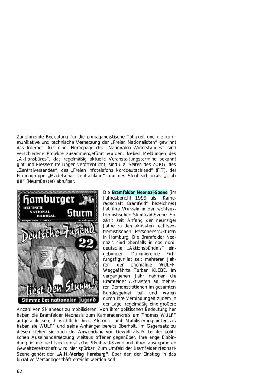 Seite 62 des Verfassungsschutzbericht 2000 Hamburg