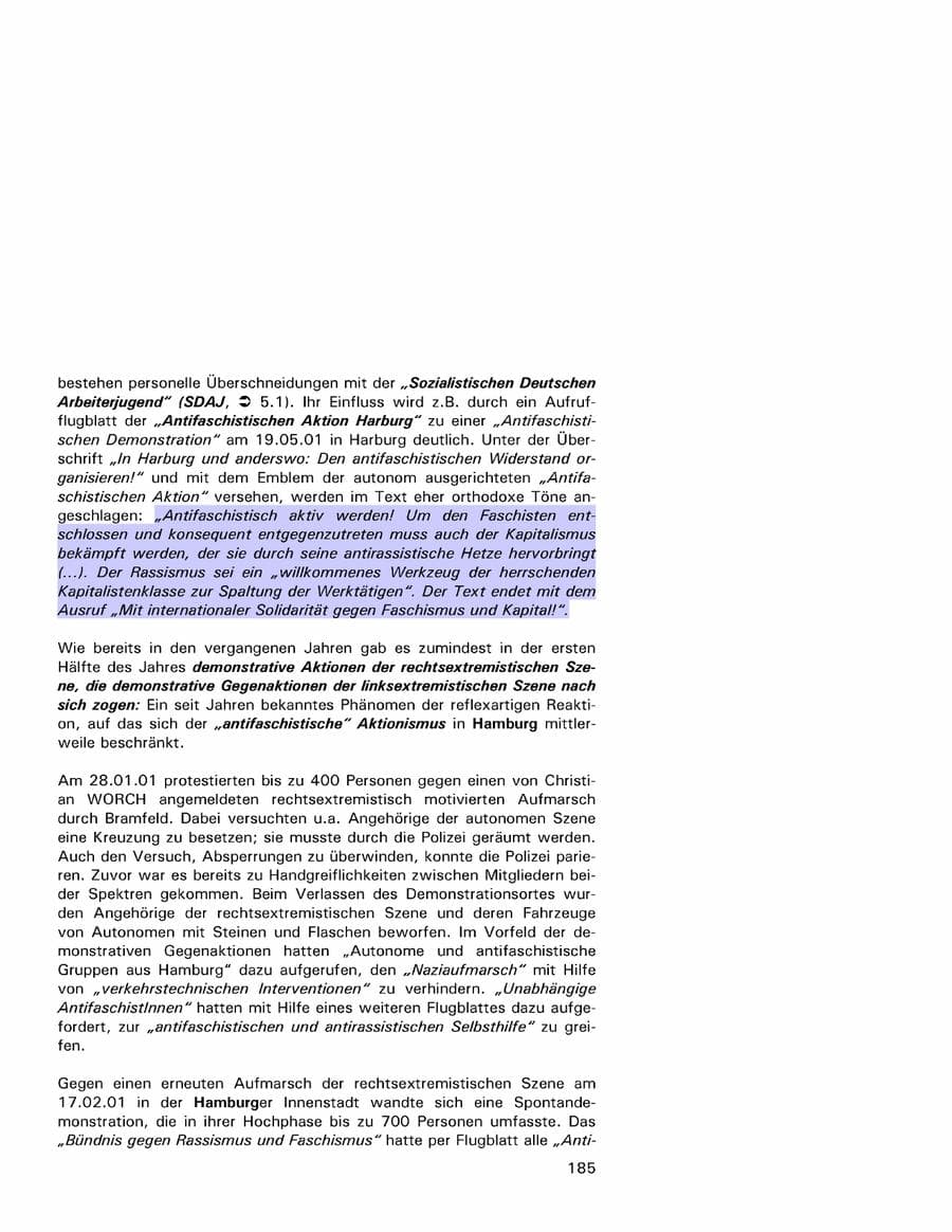 Seite 185 des Verfassungsschutzbericht 2001 Hamburg
