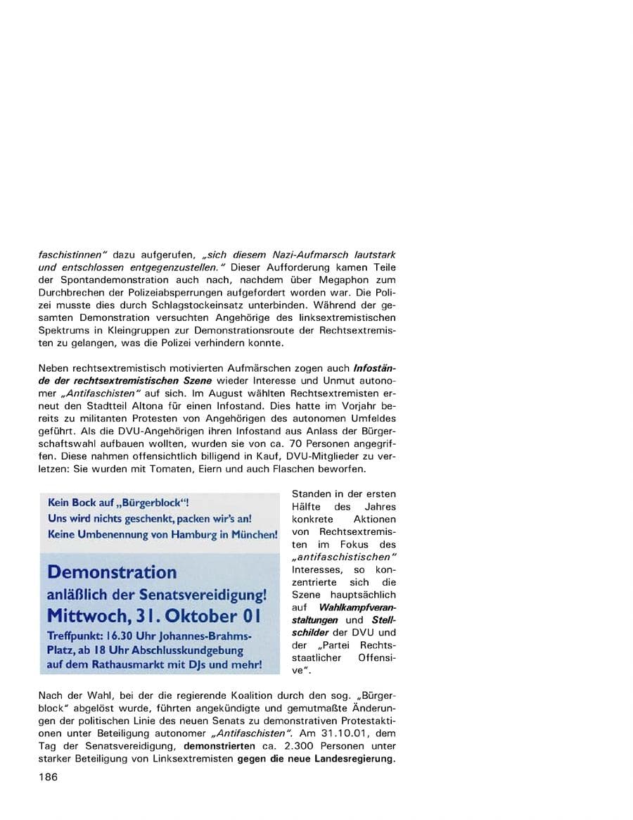 Seite 186 des Verfassungsschutzbericht 2001 Hamburg