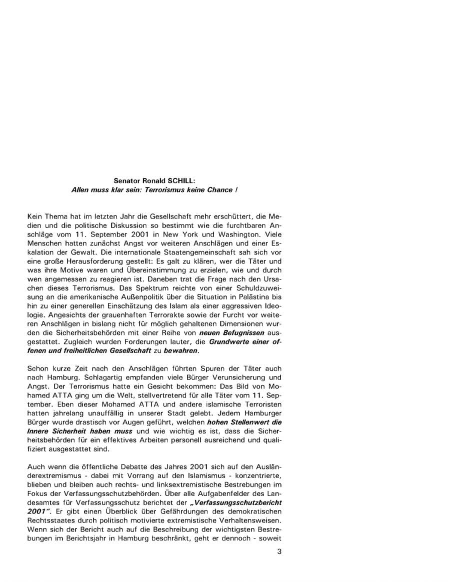 Seite 3 des Verfassungsschutzbericht 2001 Hamburg
