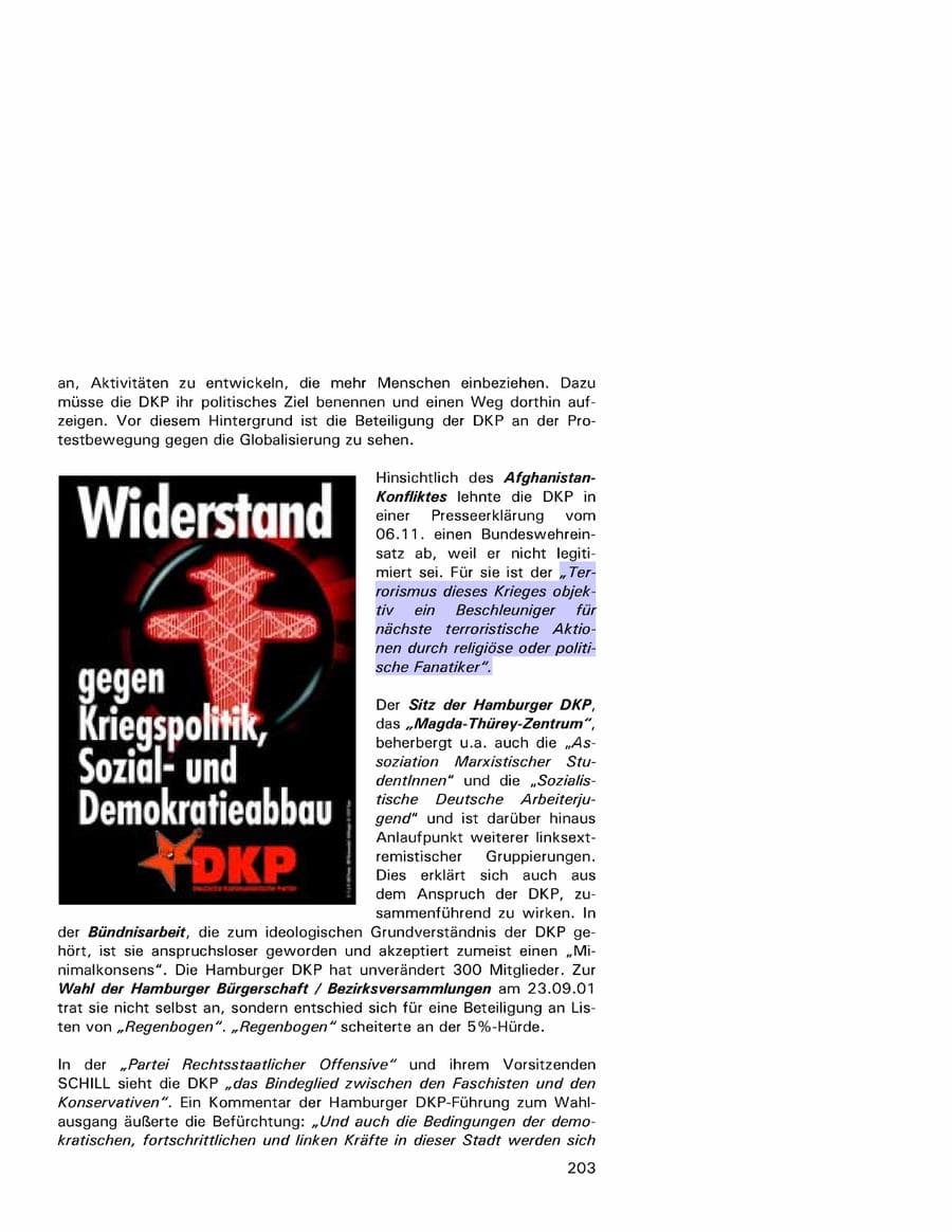 Seite 203 des Verfassungsschutzbericht 2001 Hamburg