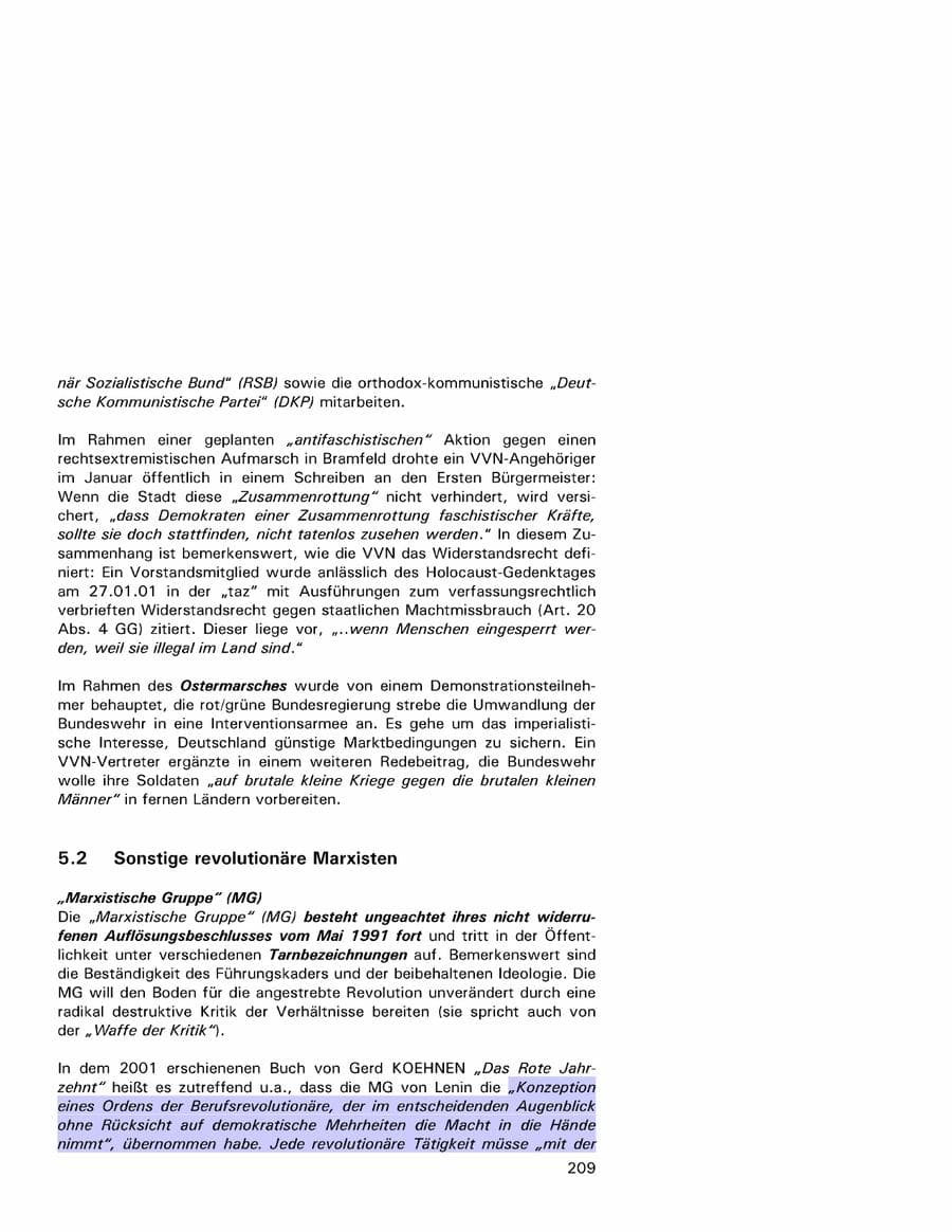 Seite 209 des Verfassungsschutzbericht 2001 Hamburg