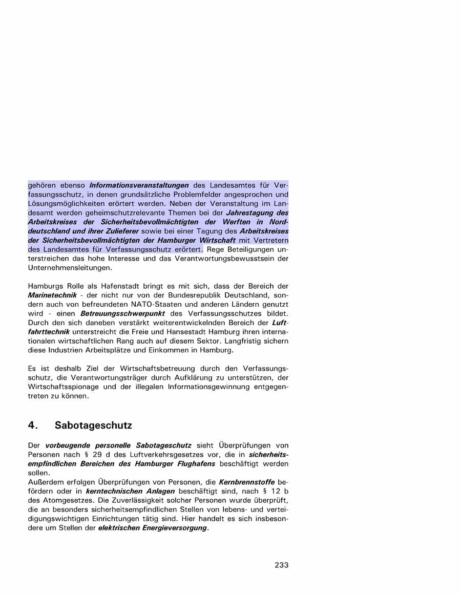 Seite 233 des Verfassungsschutzbericht 2001 Hamburg