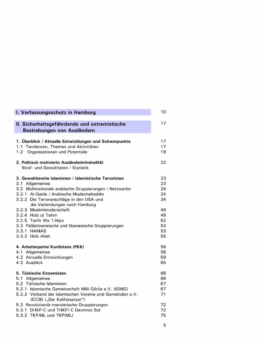 Seite 5 des Verfassungsschutzbericht 2001 Hamburg
