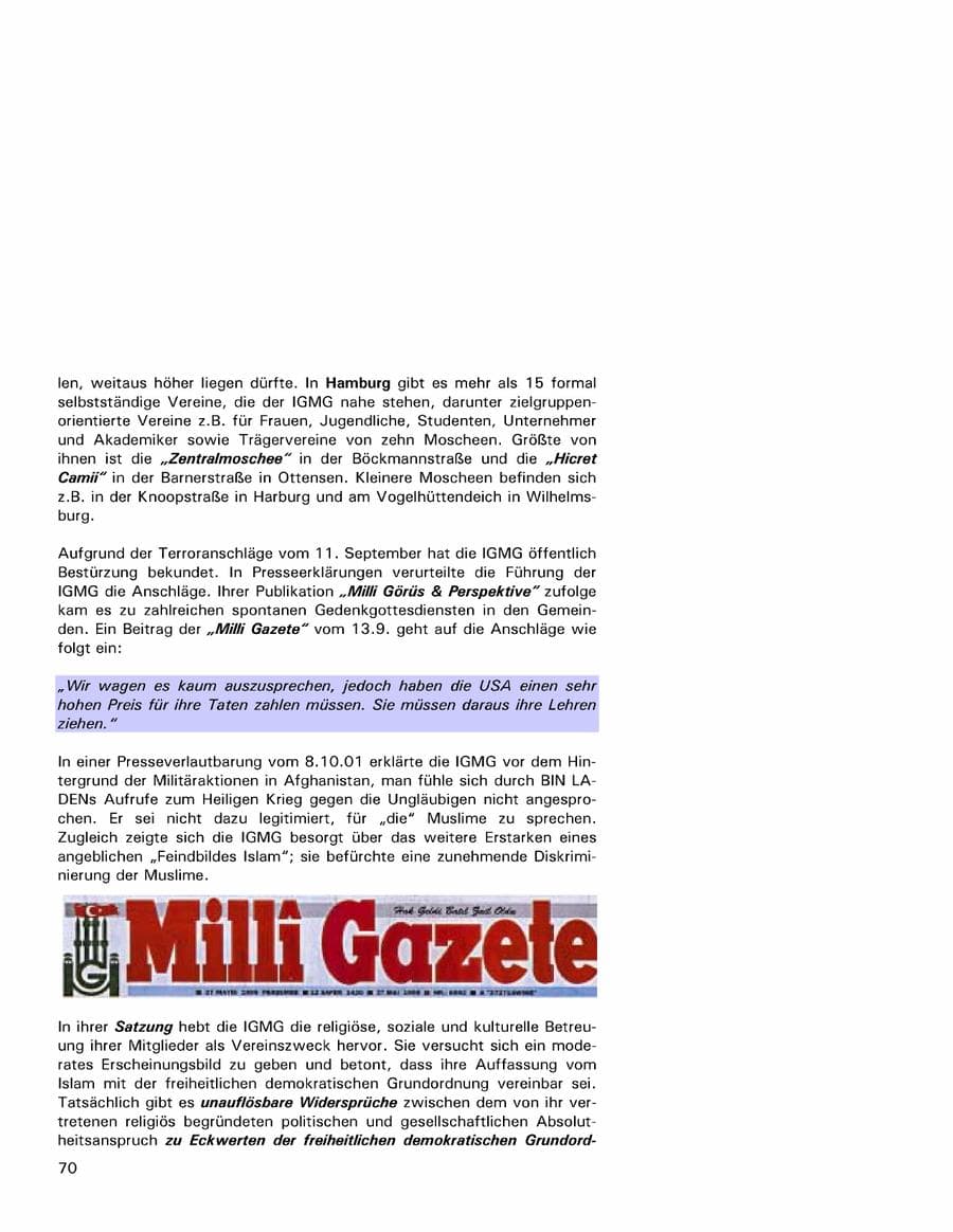 Seite 70 des Verfassungsschutzbericht 2001 Hamburg