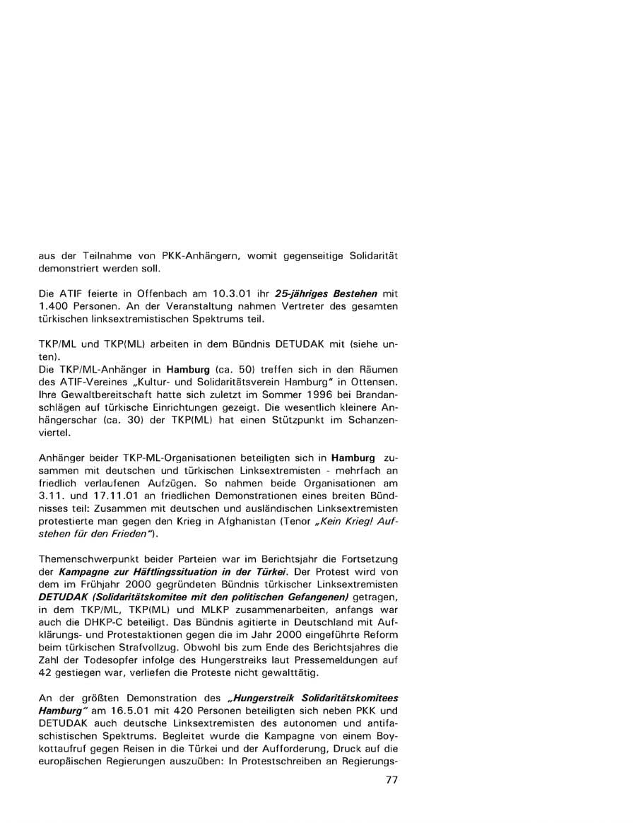 Seite 77 des Verfassungsschutzbericht 2001 Hamburg