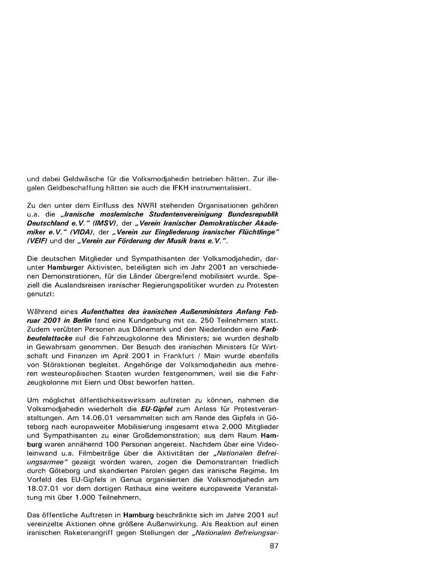 Seite 87 des Verfassungsschutzbericht 2001 Hamburg