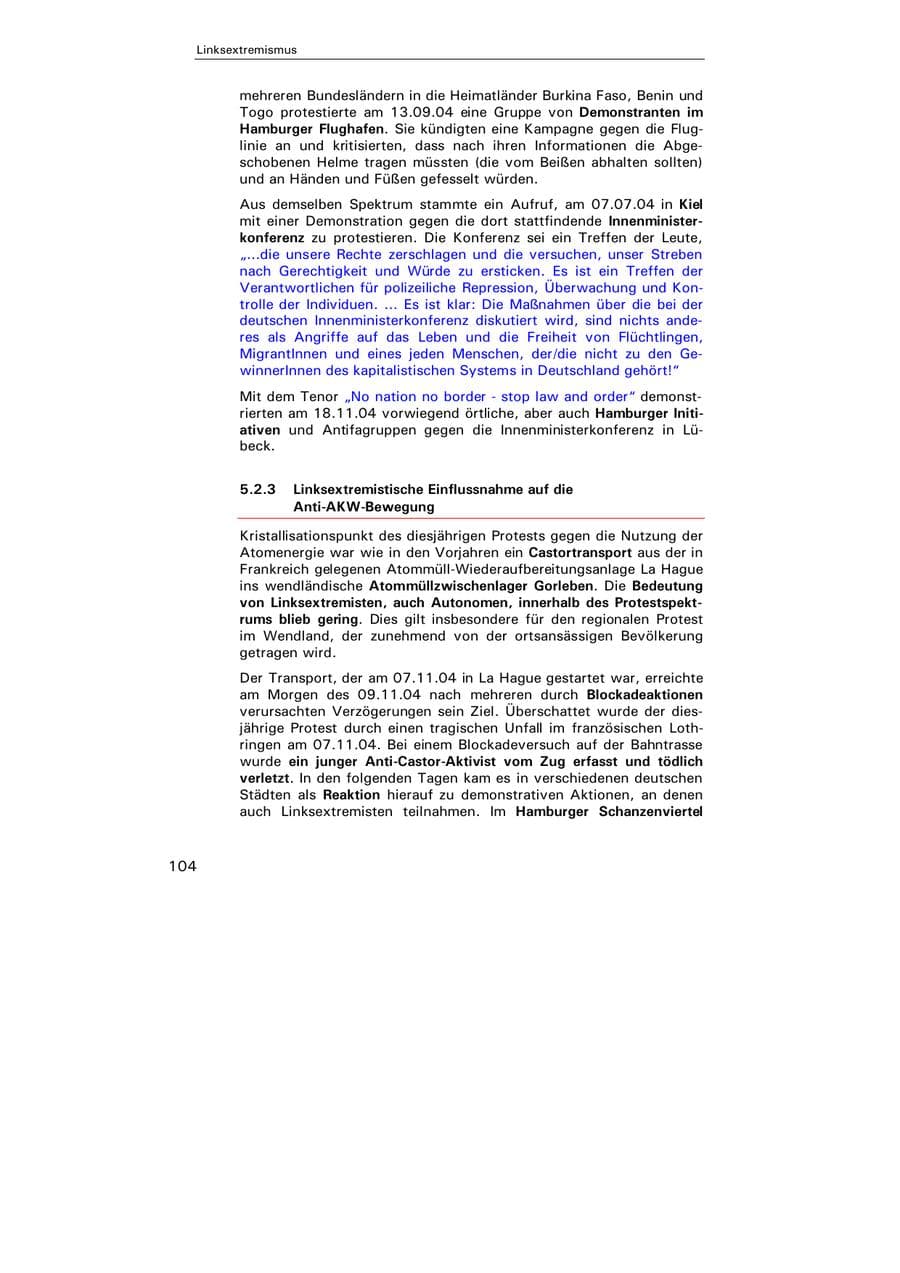 Seite 105 des Verfassungsschutzbericht 2004 Hamburg