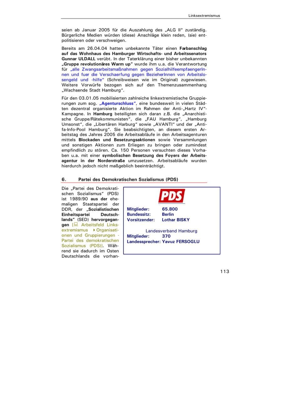 Seite 114 des Verfassungsschutzbericht 2004 Hamburg