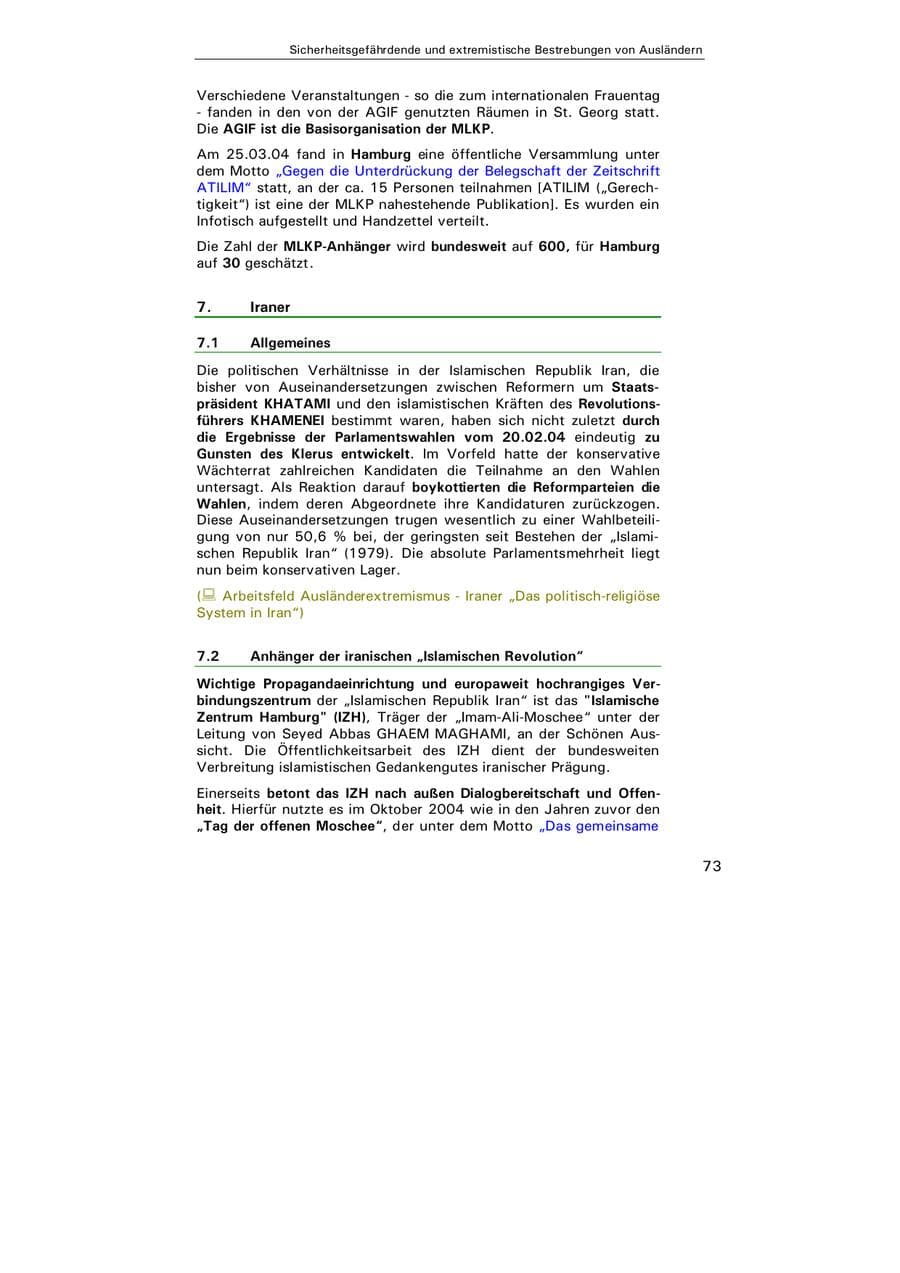 Seite 74 des Verfassungsschutzbericht 2004 Hamburg