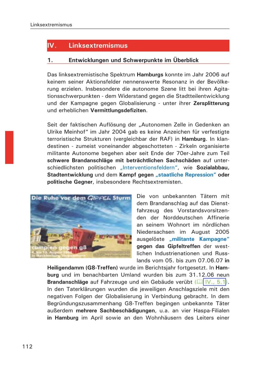 Seite 114 des Verfassungsschutzbericht 2006 Hamburg