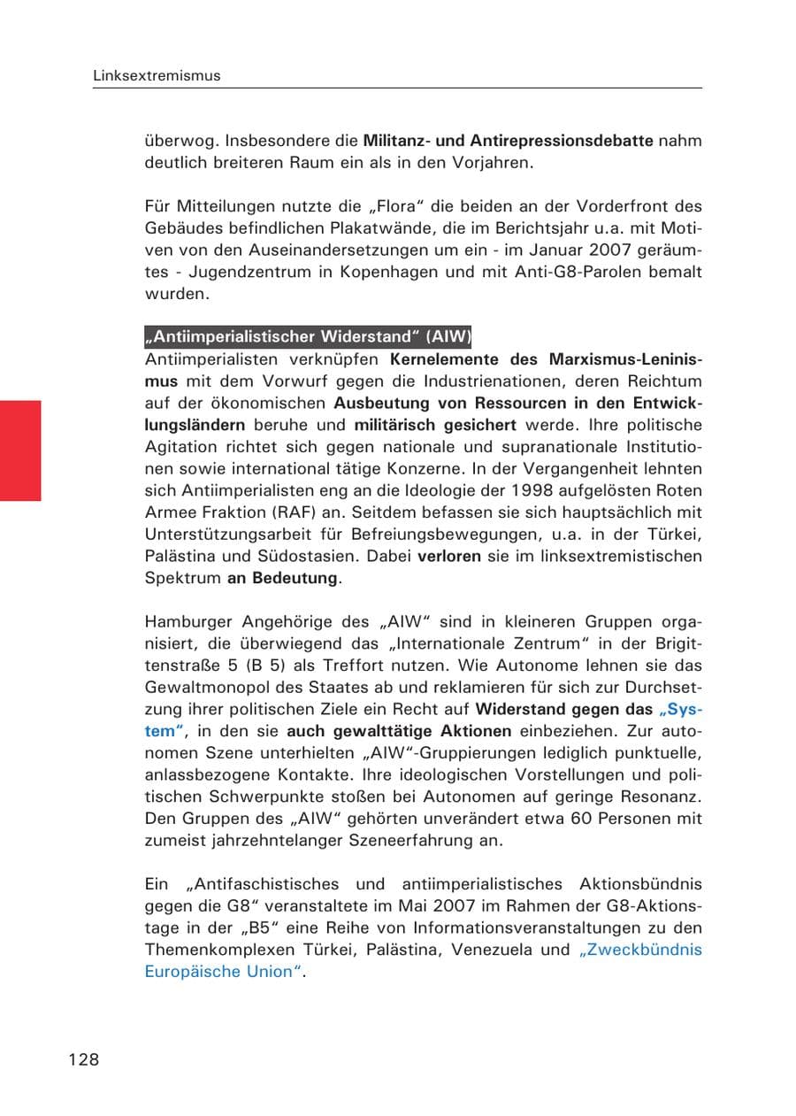 Seite 130 des Verfassungsschutzbericht 2007 Hamburg