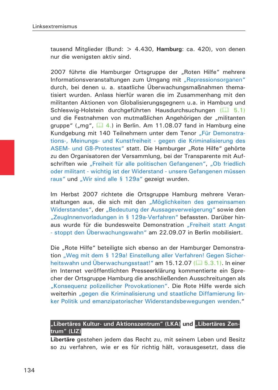 Seite 136 des Verfassungsschutzbericht 2007 Hamburg