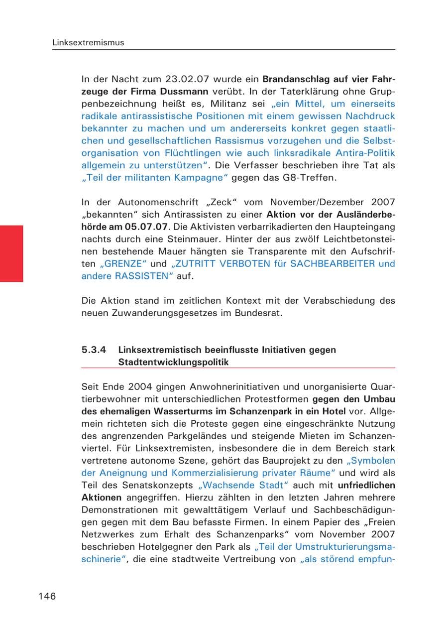 Seite 148 des Verfassungsschutzbericht 2007 Hamburg