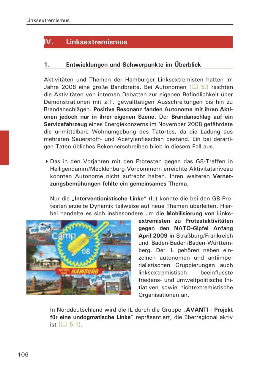 Seite 108 des Verfassungsschutzbericht 2008 Hamburg