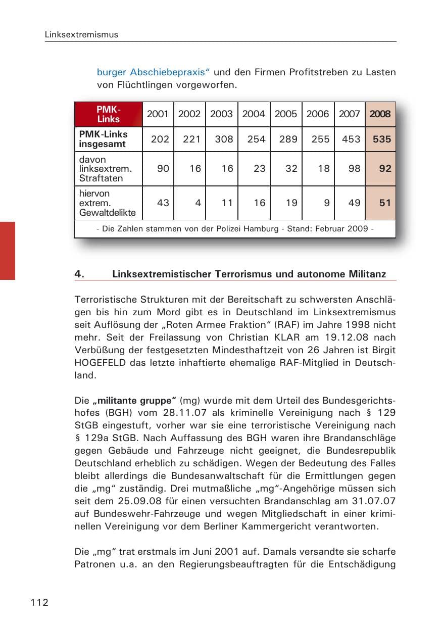 Seite 114 des Verfassungsschutzbericht 2008 Hamburg