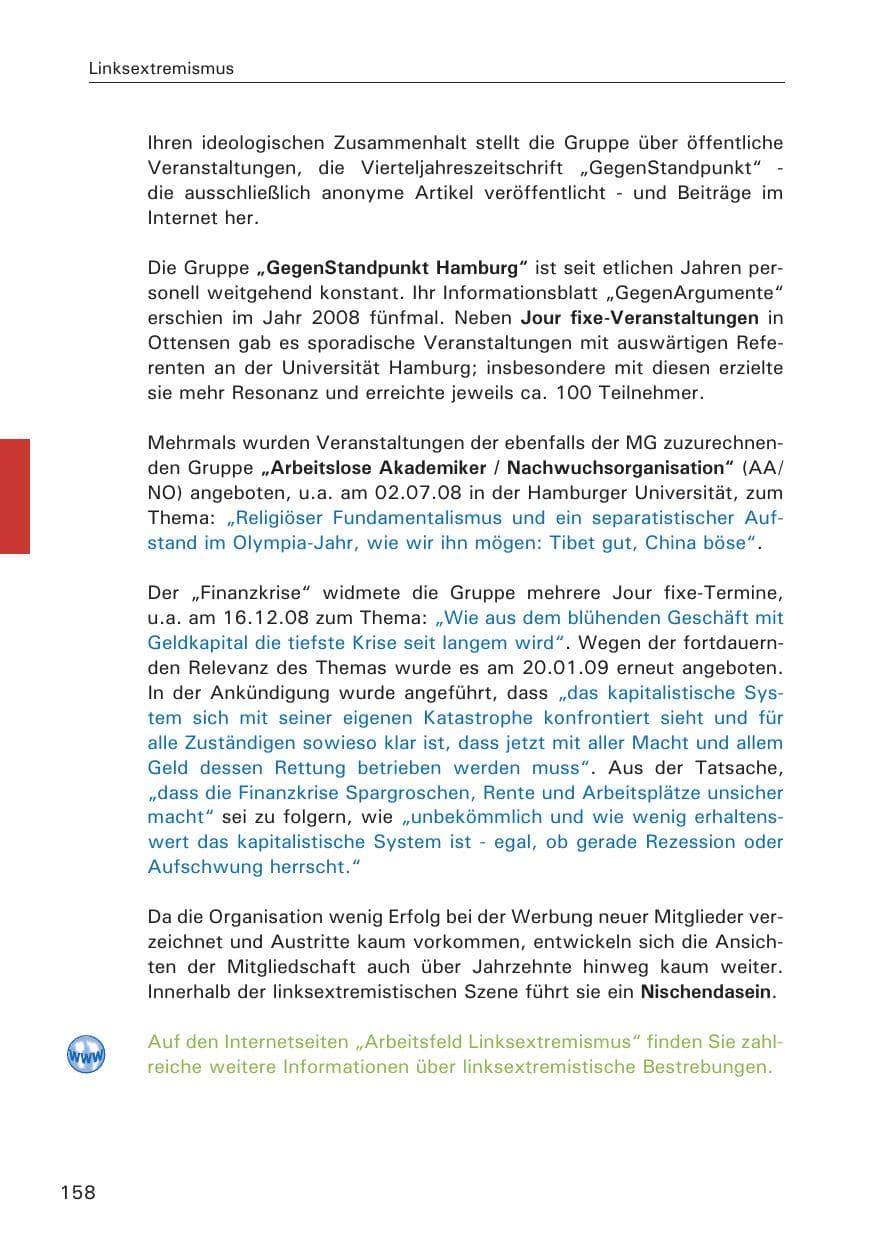 Seite 160 des Verfassungsschutzbericht 2008 Hamburg