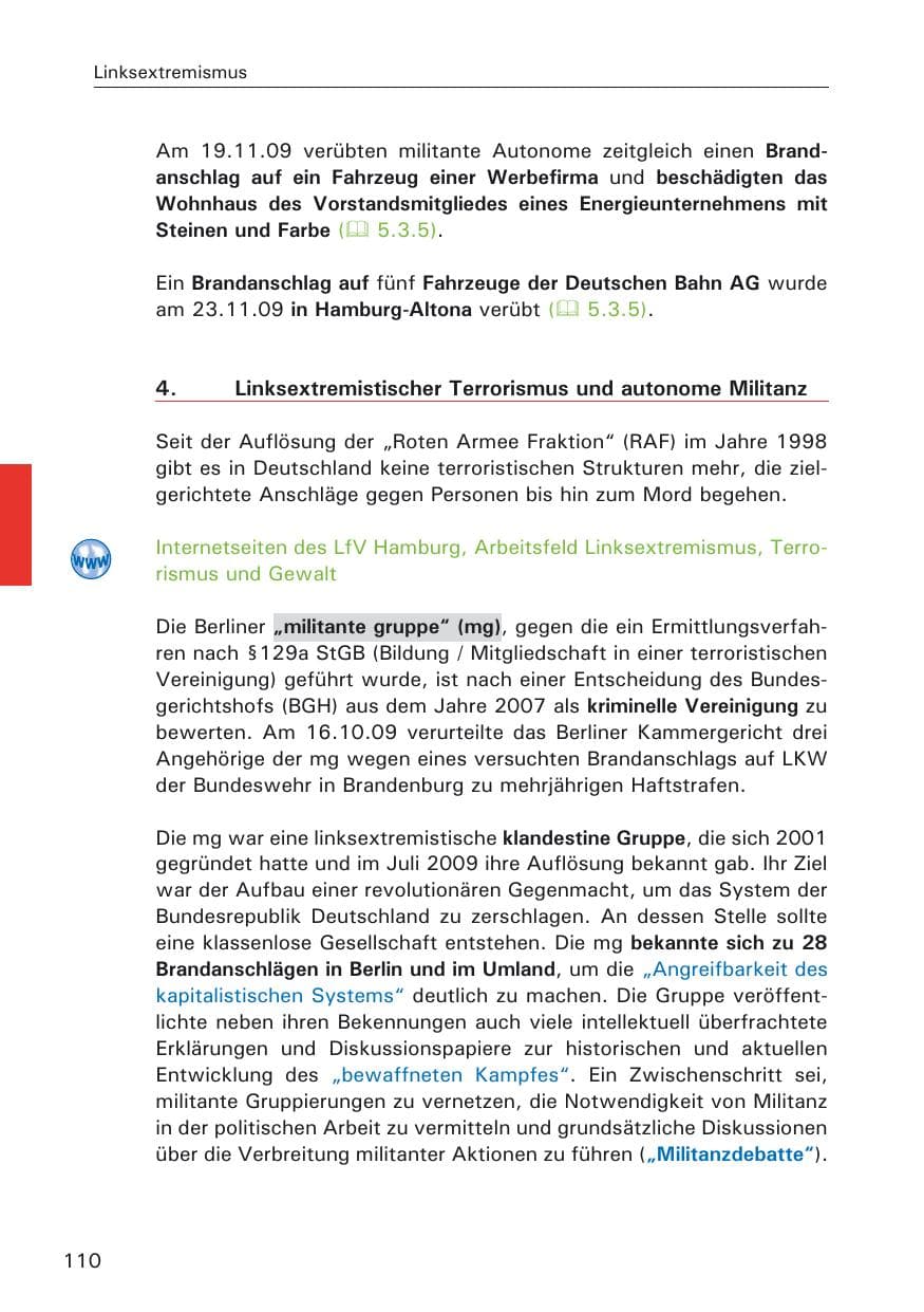 Seite 112 des Verfassungsschutzbericht 2009 Hamburg