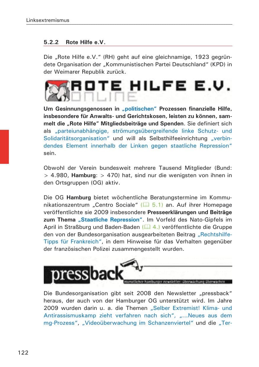 Seite 124 des Verfassungsschutzbericht 2009 Hamburg