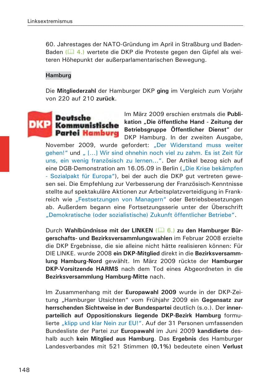 Seite 150 des Verfassungsschutzbericht 2009 Hamburg