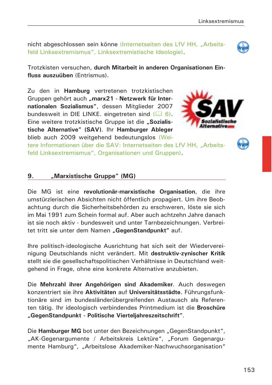 Seite 155 des Verfassungsschutzbericht 2009 Hamburg