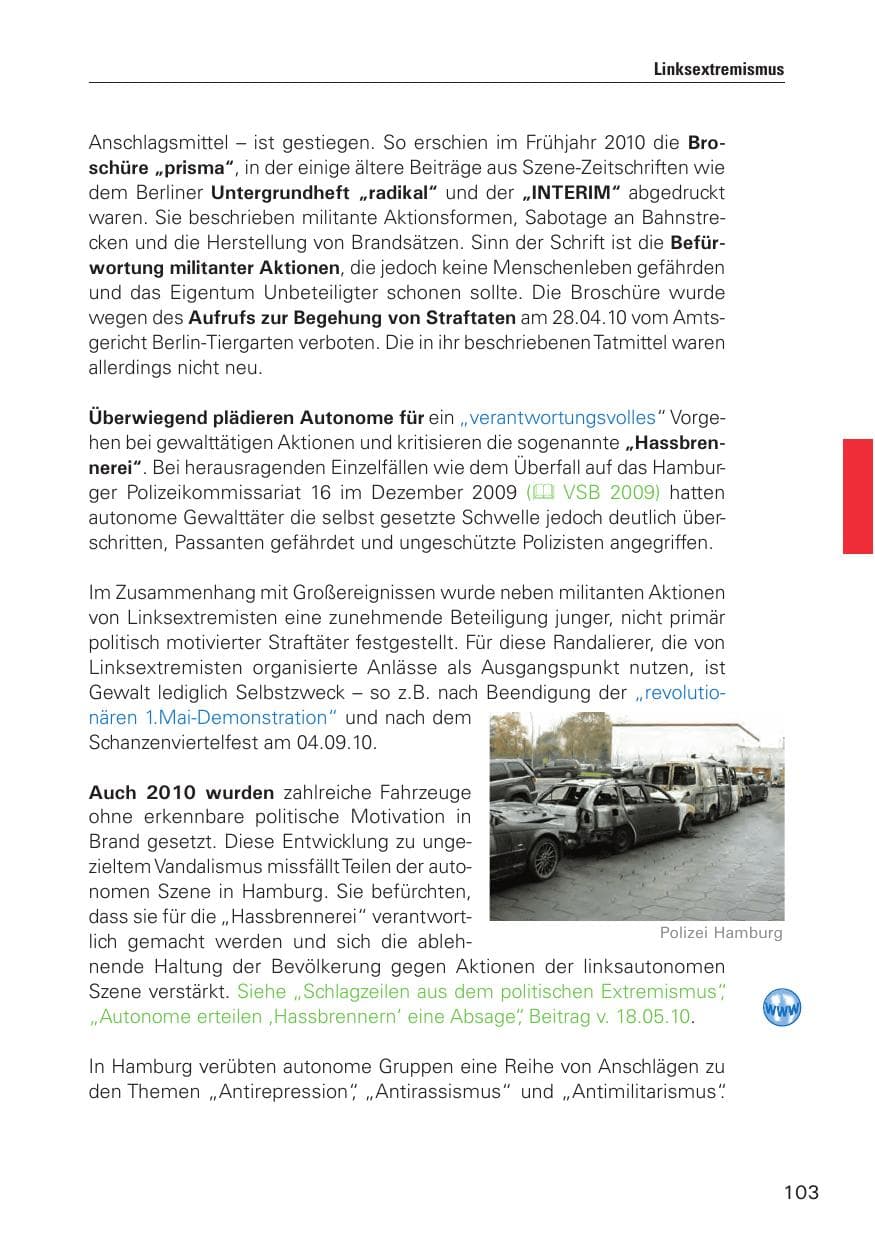 Seite 104 des Verfassungsschutzbericht 2010 Hamburg