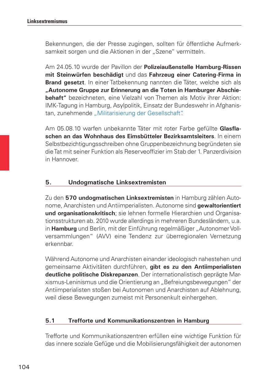 Seite 105 des Verfassungsschutzbericht 2010 Hamburg
