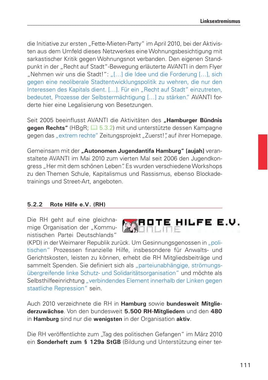 Seite 112 des Verfassungsschutzbericht 2010 Hamburg