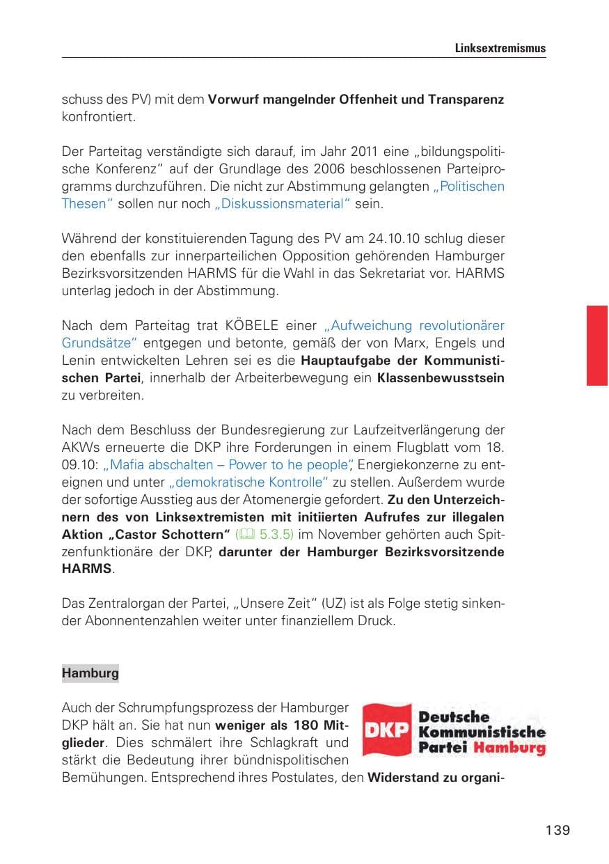 Seite 140 des Verfassungsschutzbericht 2010 Hamburg