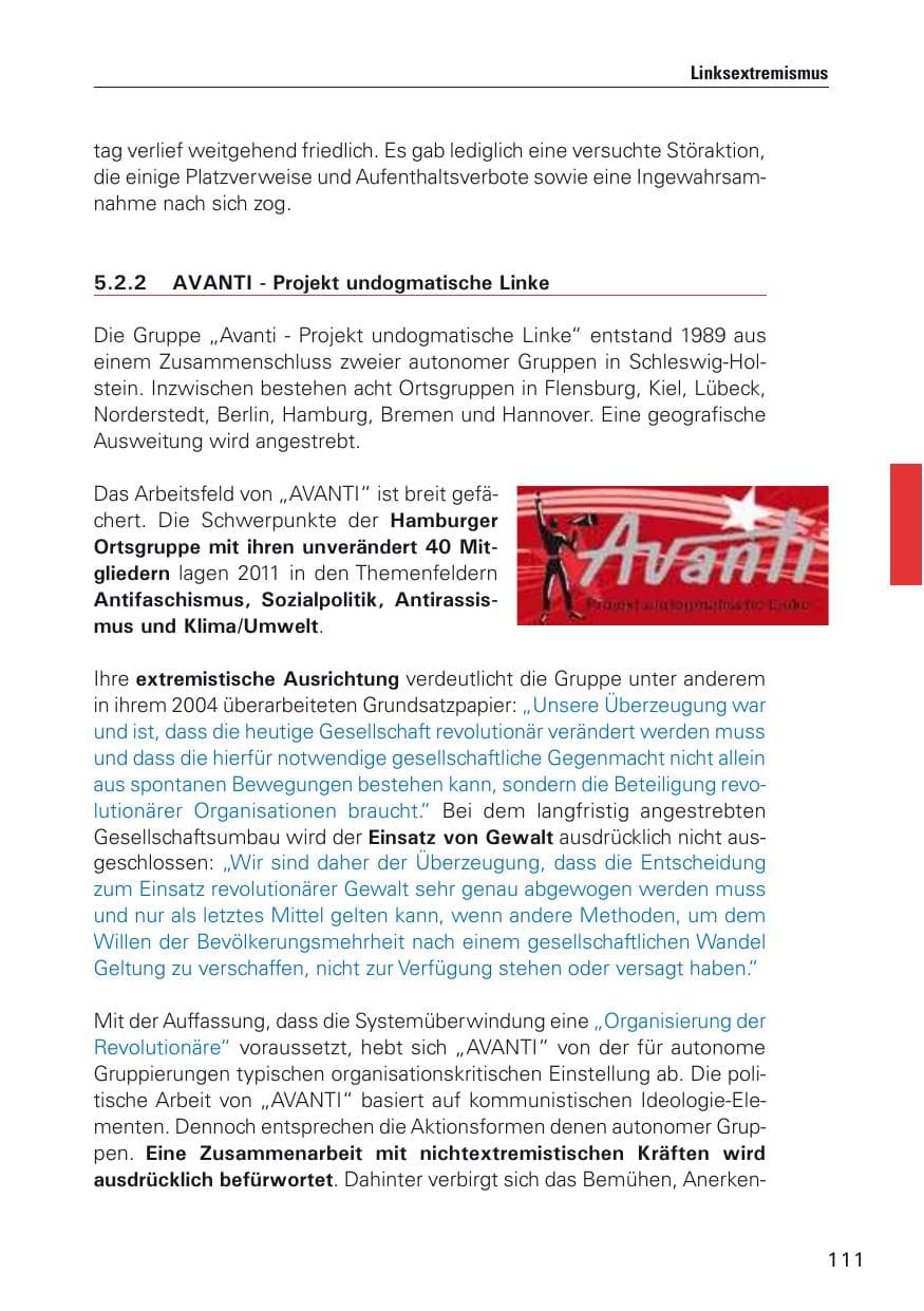 Seite 112 des Verfassungsschutzbericht 2011 Hamburg