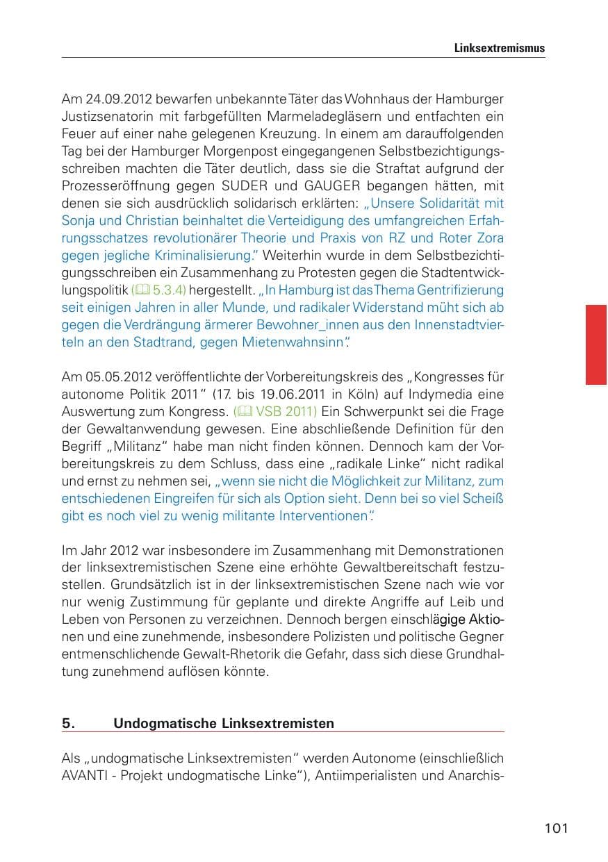 Seite 102 des Verfassungsschutzbericht 2012 Hamburg