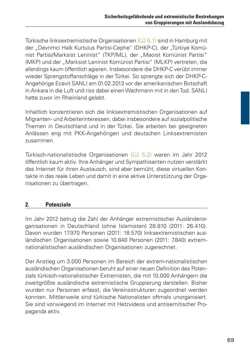 Seite 70 des Verfassungsschutzbericht 2012 Hamburg